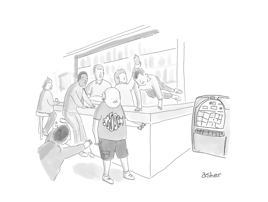 Asher Perlman cartoon — Oh god, he's going for the jukebox!