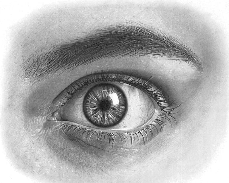 A photorealistic pencil drawing of an eye