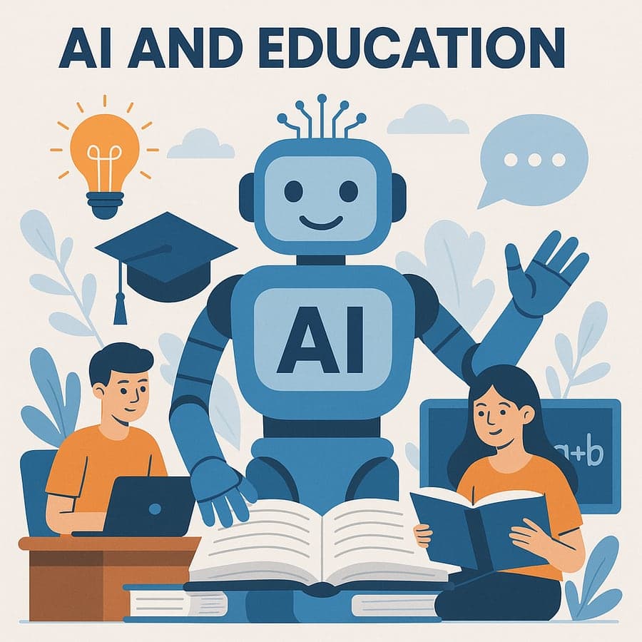An illustration of a robot labelled AI between two students