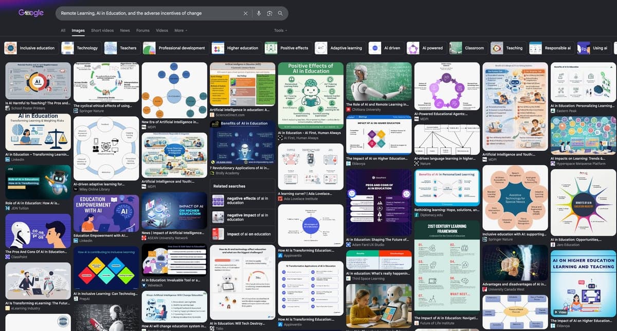 Google image results for the article title — all AI-generated infographics about the benefits of AI in education