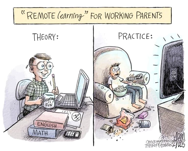 A cartoon contrasting remote learning in theory versus practice for working parents