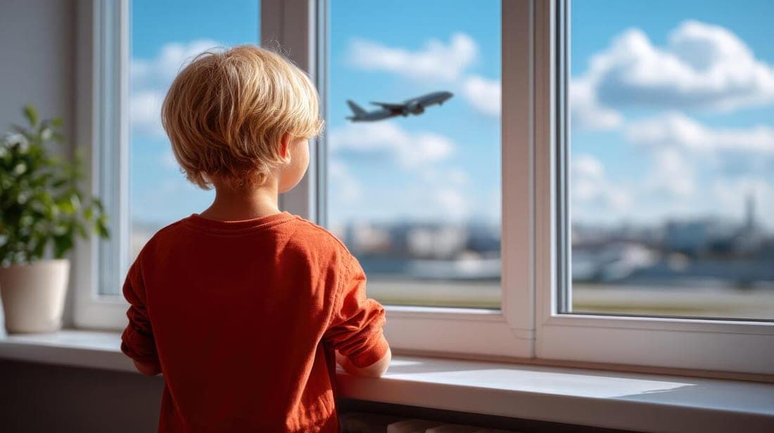 A child looking out a window at an airplane in a bright blue sky