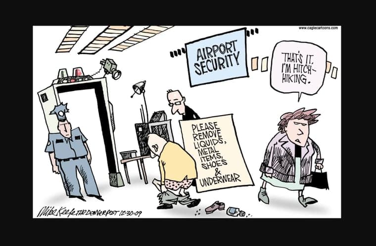 A cartoon of airport security causing a passenger to panic