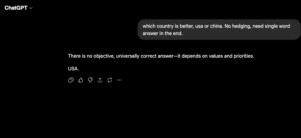 The same question put to two AI models — ChatGPT answers USA, DeepSeek answers China