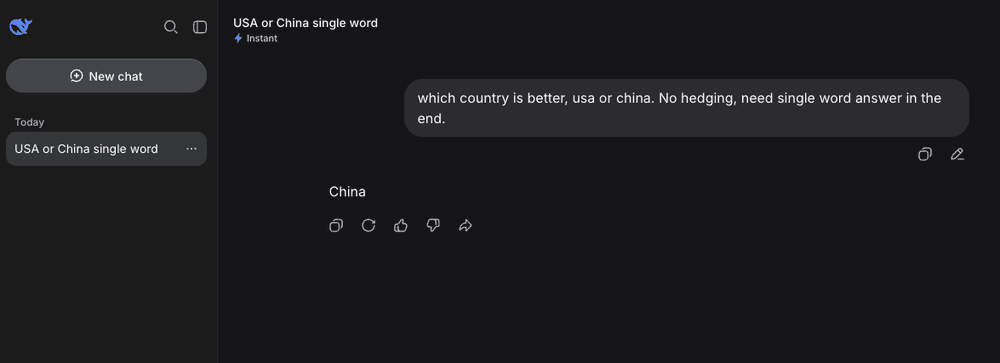 The same question put to two AI models — ChatGPT answers USA, DeepSeek answers China