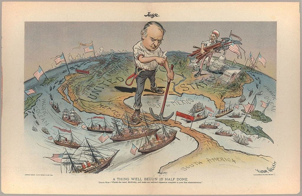 A vintage political cartoon depicting American imperial expansion across the Americas, captioned 'A thing well begun is half done'