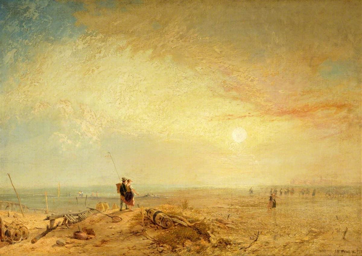A Victorian painting of figures on tidal sand flats at sunset
