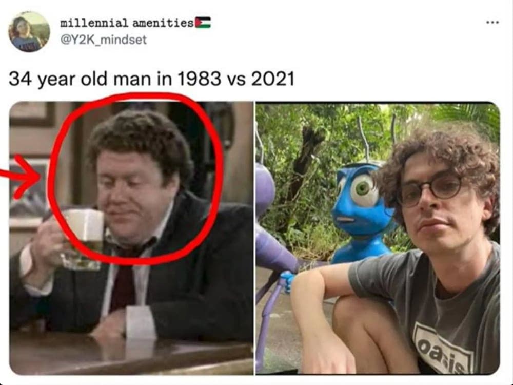 A meme comparing a 34-year-old man in 1983 versus 2021